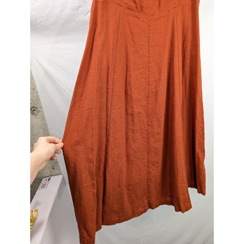 Linen Sweetheart Sleeveless Smocked Dress L Rust Orange Cottagecore Coastal Boho - Picture 4 of 9